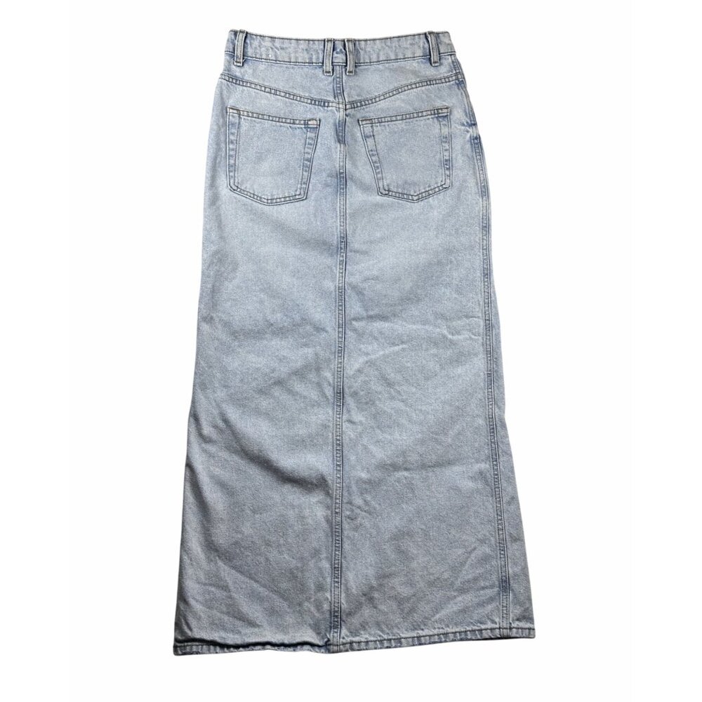 Mango MNG Womens Light Wash Denim Maxi Skirt S-Front Slit High Waist Jean Skirt - Picture 4 of 10